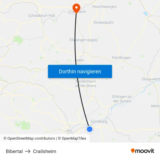 Bibertal to Crailsheim map