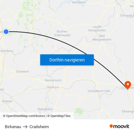 Birkenau to Crailsheim map