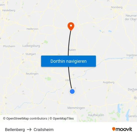 Bellenberg to Crailsheim map
