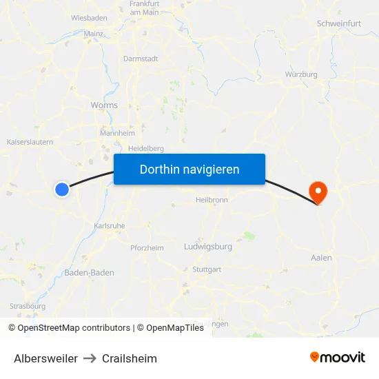 Albersweiler to Crailsheim map