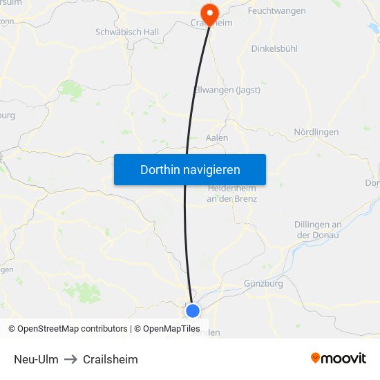 Neu-Ulm to Crailsheim map