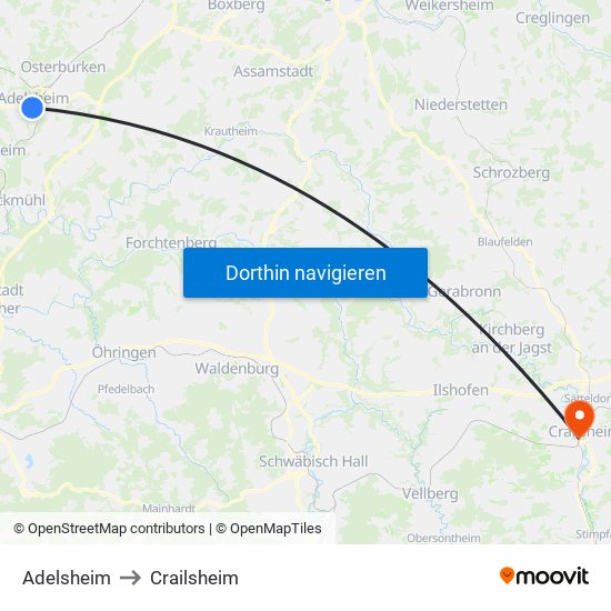 Adelsheim to Crailsheim map