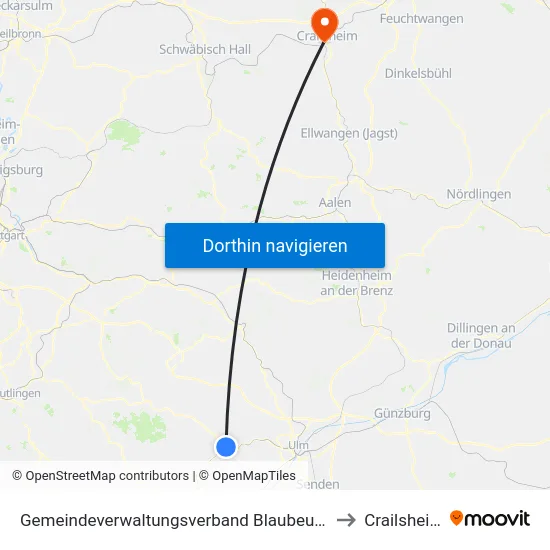 Gemeindeverwaltungsverband Blaubeuren to Crailsheim map