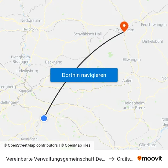 Vereinbarte Verwaltungsgemeinschaft Der Stadt Nürtingen to Crailsheim map
