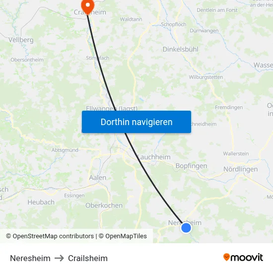 Neresheim to Crailsheim map