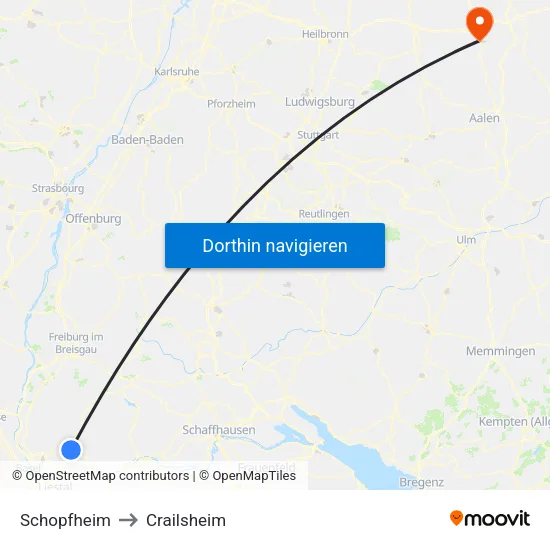 Schopfheim to Crailsheim map