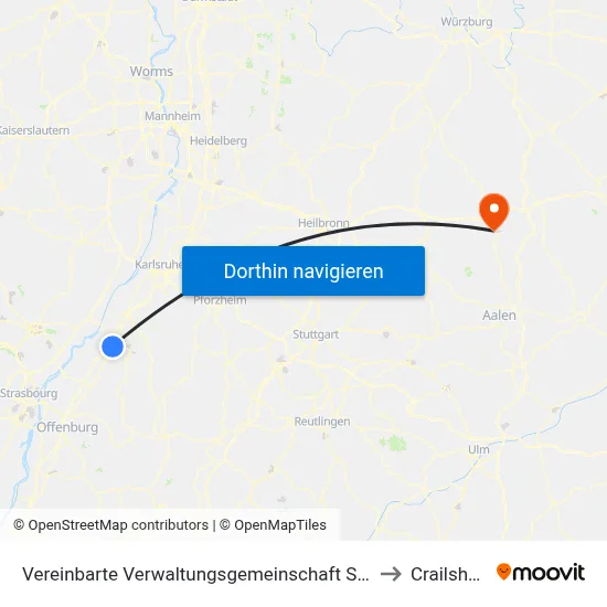 Vereinbarte Verwaltungsgemeinschaft Sinzheim to Crailsheim map