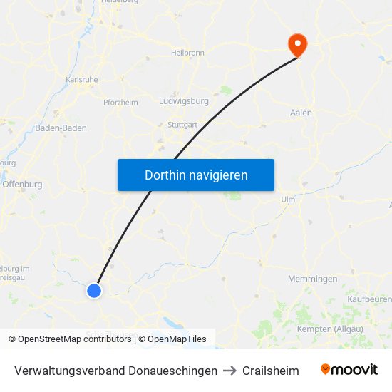 Verwaltungsverband Donaueschingen to Crailsheim map