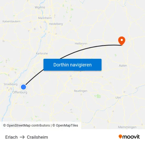 Erlach to Crailsheim map