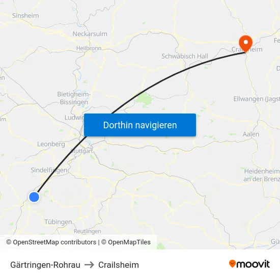 Gärtringen-Rohrau to Crailsheim map