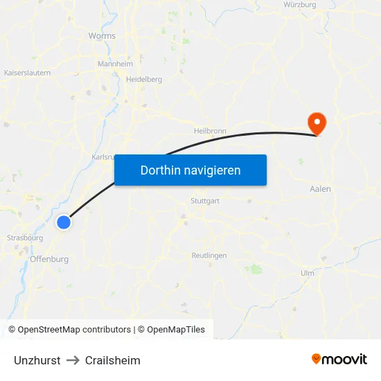 Unzhurst to Crailsheim map