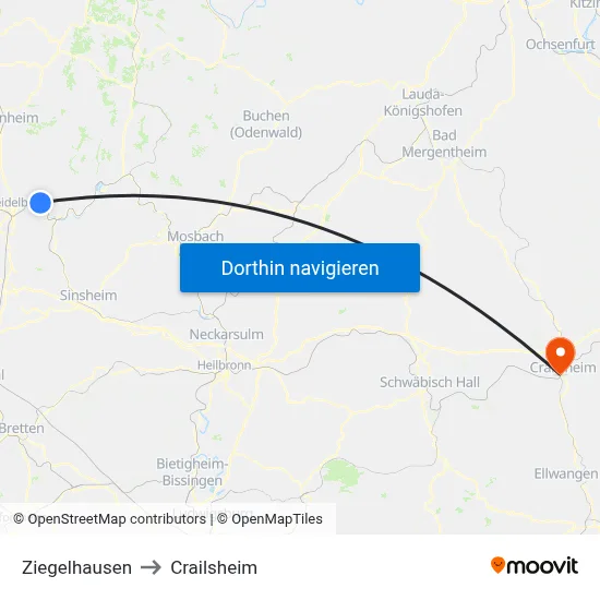 Ziegelhausen to Crailsheim map