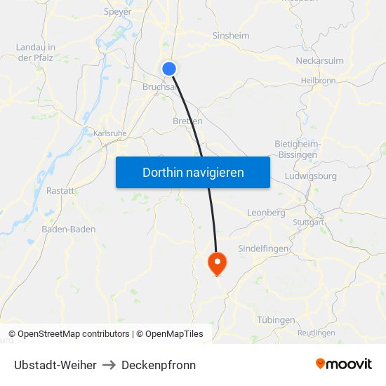 Ubstadt-Weiher to Deckenpfronn map