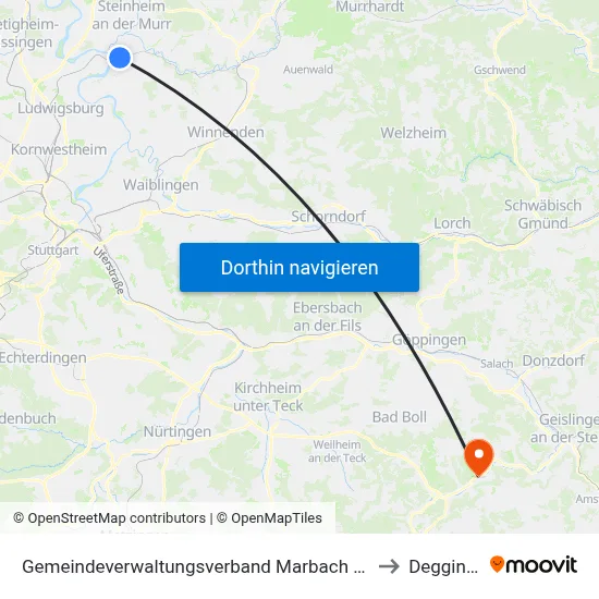 Gemeindeverwaltungsverband Marbach am Neckar to Deggingen map