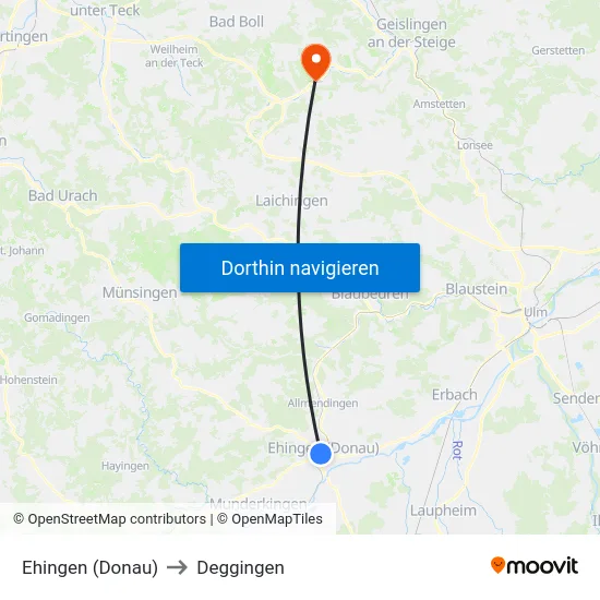 Ehingen (Donau) to Deggingen map
