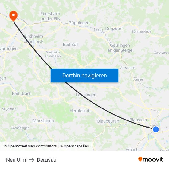 Neu-Ulm to Deizisau map