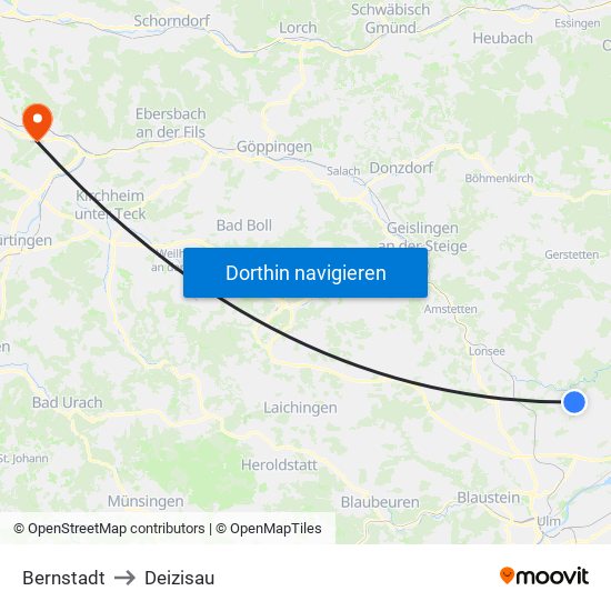 Bernstadt to Deizisau map