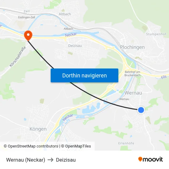 Wernau (Neckar) to Deizisau map