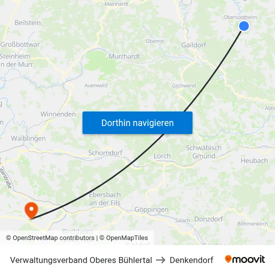 Verwaltungsverband Oberes Bühlertal to Denkendorf map