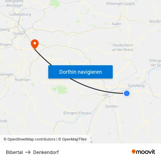 Bibertal to Denkendorf map
