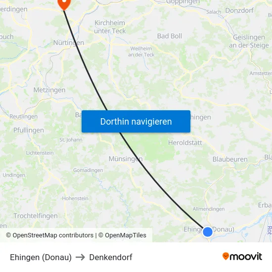 Ehingen (Donau) to Denkendorf map