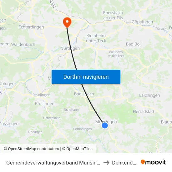 Gemeindeverwaltungsverband Münsingen to Denkendorf map