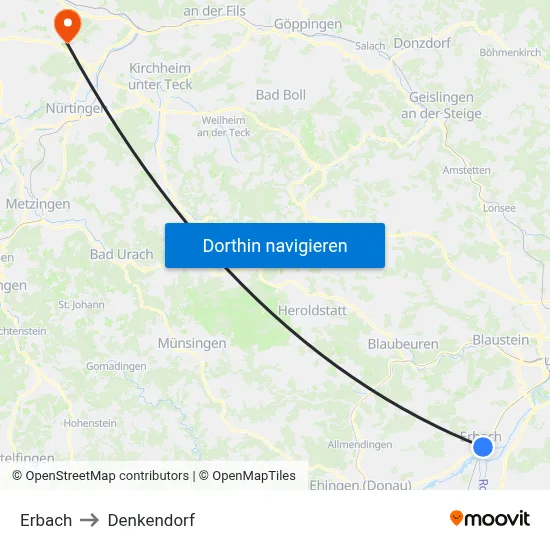 Erbach to Denkendorf map
