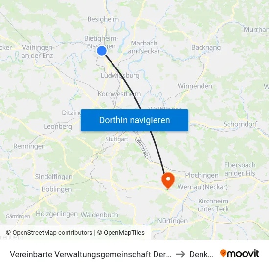 Vereinbarte Verwaltungsgemeinschaft Der Stadt Bietigheim-Bissingen to Denkendorf map
