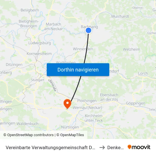 Vereinbarte Verwaltungsgemeinschaft Der Stadt Backnang to Denkendorf map