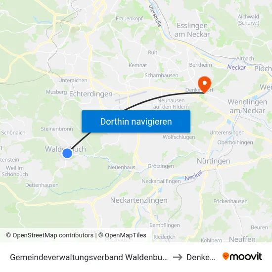 Gemeindeverwaltungsverband Waldenbuch/Steinenbronn to Denkendorf map