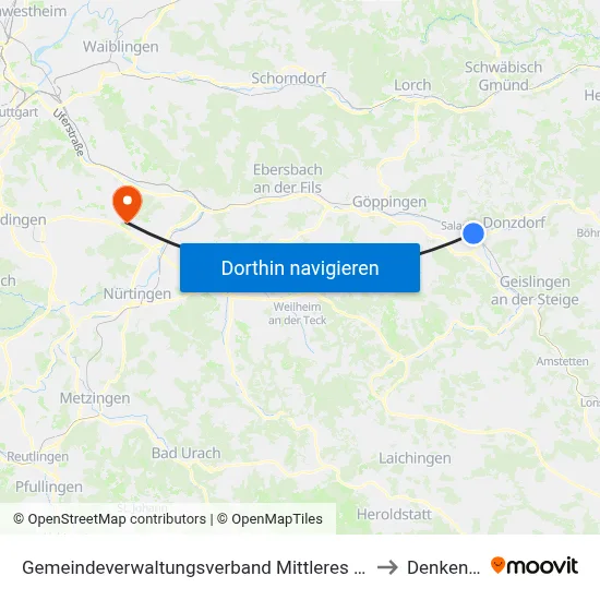 Gemeindeverwaltungsverband Mittleres Fils-Lautertal to Denkendorf map