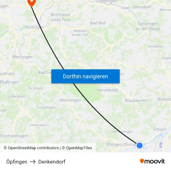 Öpfingen to Denkendorf map