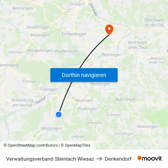 Verwaltungsverband Steinlach-Wiesaz to Denkendorf map