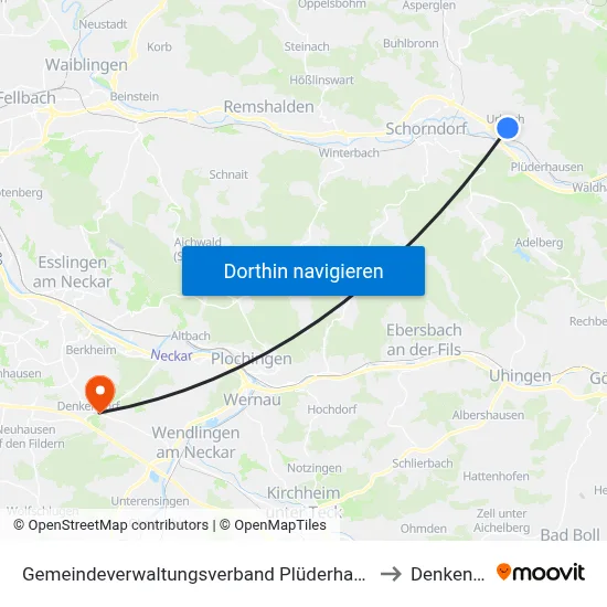 Gemeindeverwaltungsverband Plüderhausen-Urbach to Denkendorf map