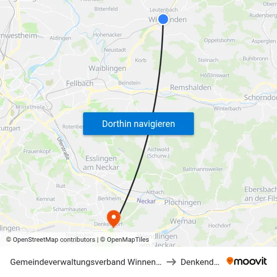 Gemeindeverwaltungsverband Winnenden to Denkendorf map