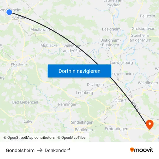 Gondelsheim to Denkendorf map