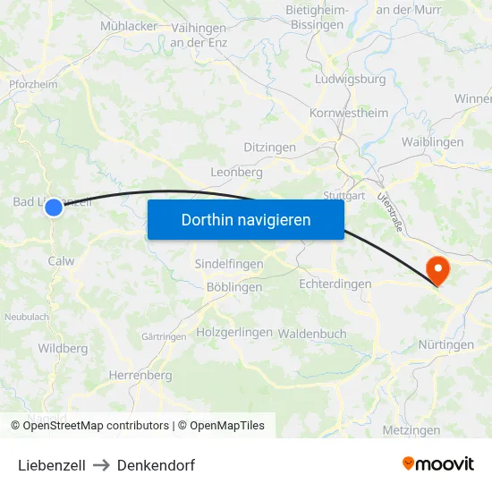Liebenzell to Denkendorf map
