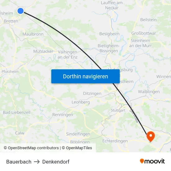 Bauerbach to Denkendorf map