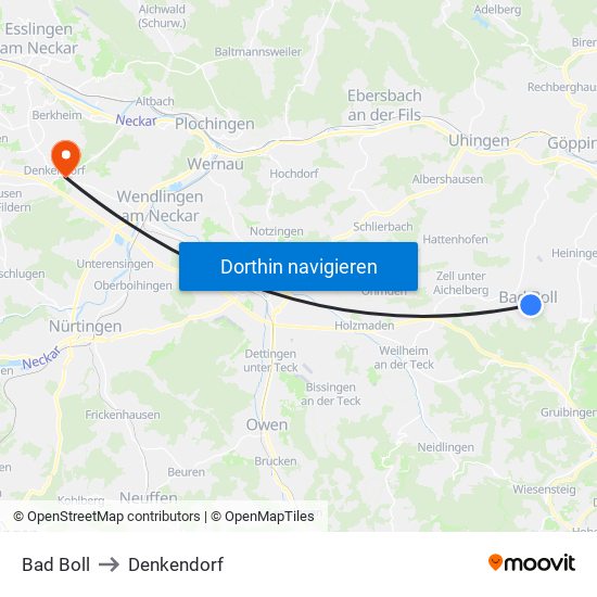 Bad Boll to Denkendorf map