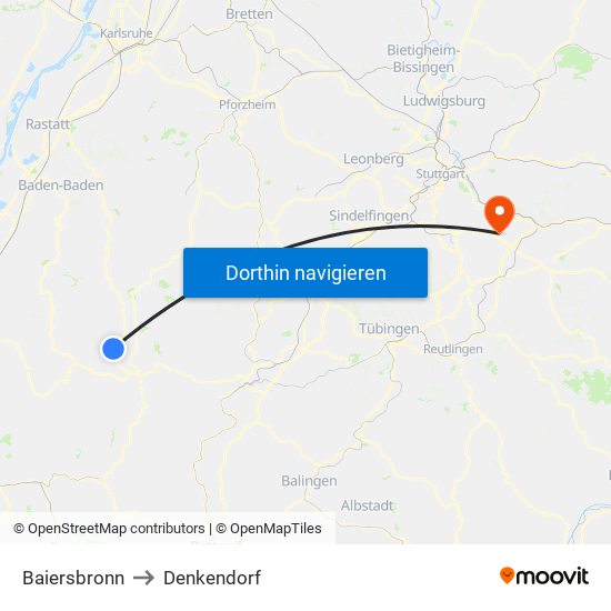 Baiersbronn to Denkendorf map