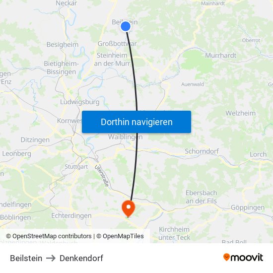 Beilstein to Denkendorf map