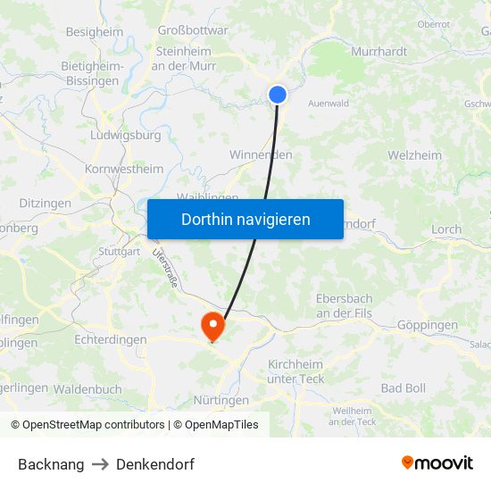 Backnang to Denkendorf map