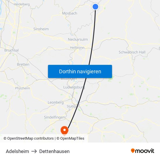 Adelsheim to Dettenhausen map