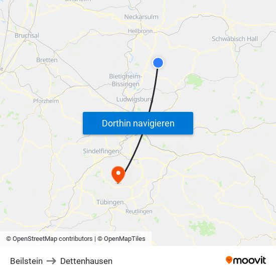 Beilstein to Dettenhausen map