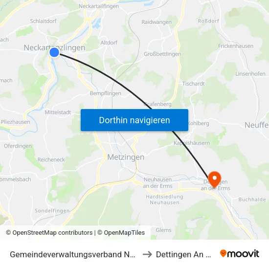 Gemeindeverwaltungsverband Neckartenzlingen to Dettingen An Der Erms map