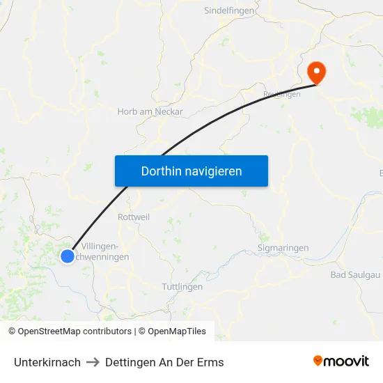 Unterkirnach to Dettingen An Der Erms map