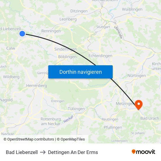 Bad Liebenzell to Dettingen An Der Erms map