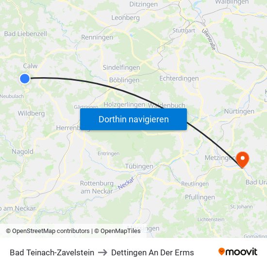 Bad Teinach-Zavelstein to Dettingen An Der Erms map