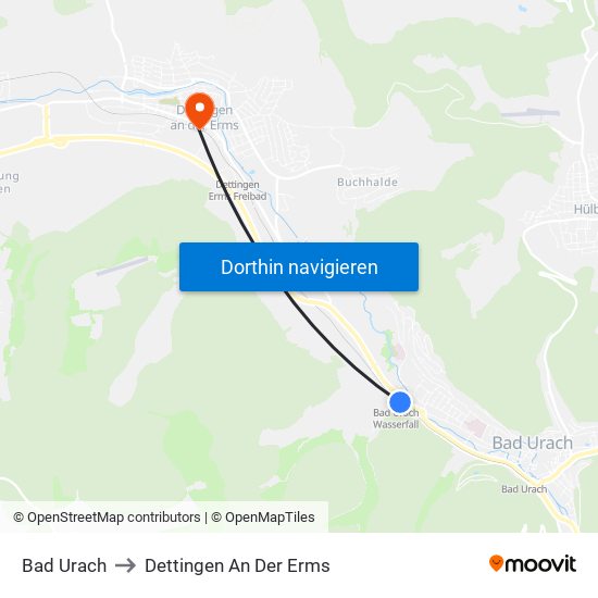 Bad Urach to Dettingen An Der Erms map