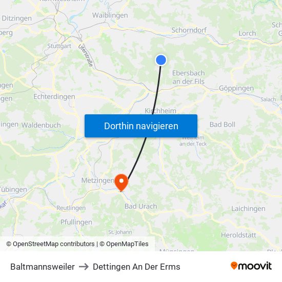 Baltmannsweiler to Dettingen An Der Erms map